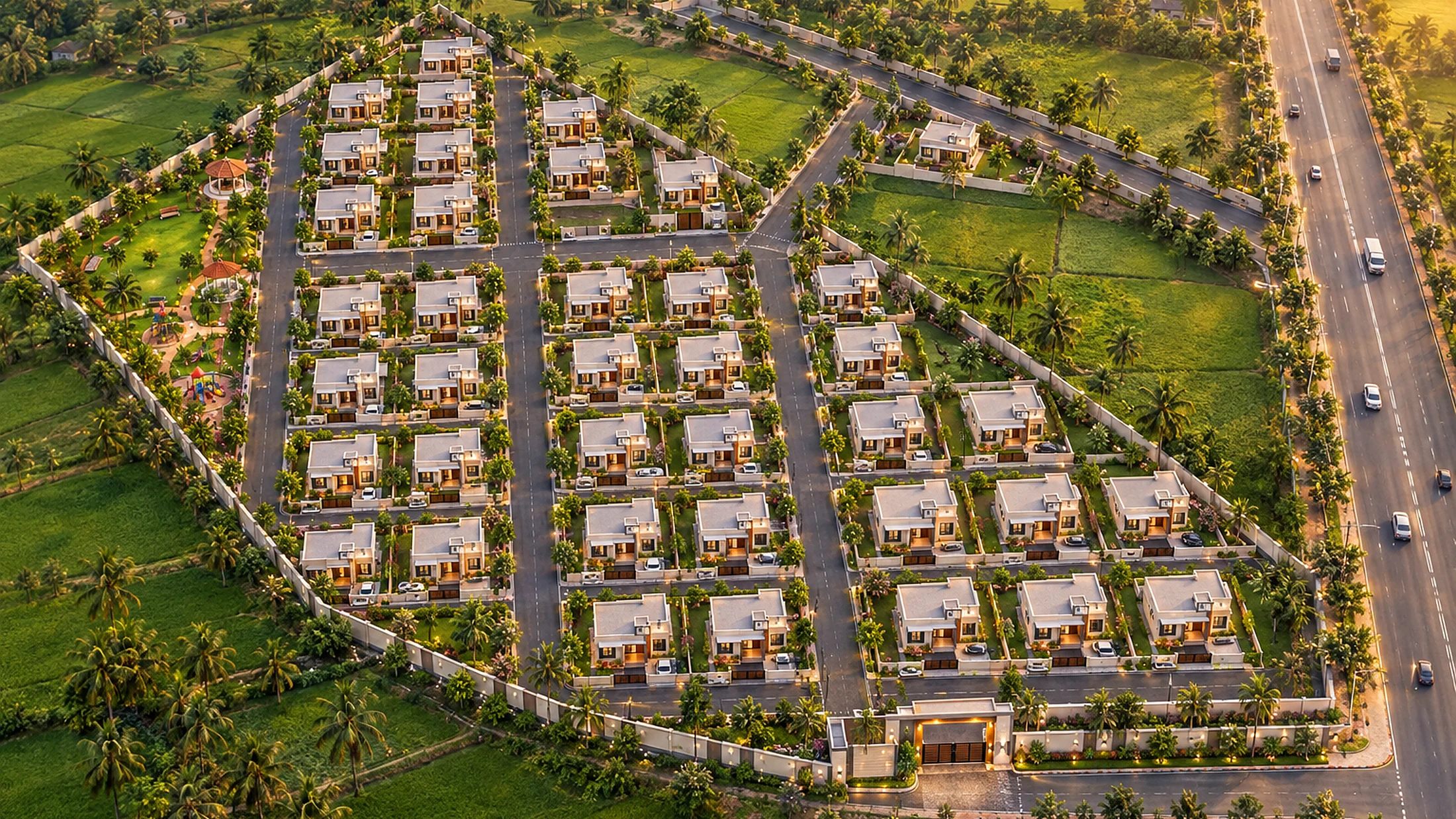 Drone aerial view of Yadadri Residency gated enclave of independent homes, Miryalaguda
