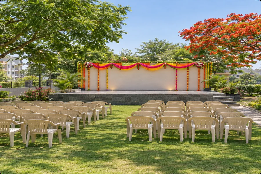 Birthday-party stage (100-member capacity) at Yadadri Residency, planned — artist's impression