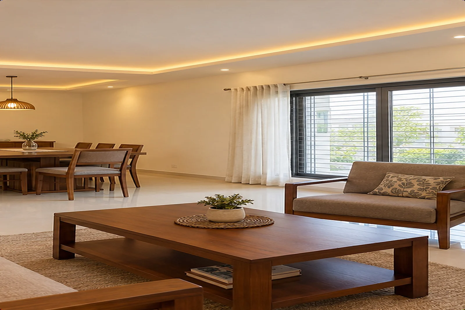 Living room with gypsum false ceiling and cove lighting, included with every home