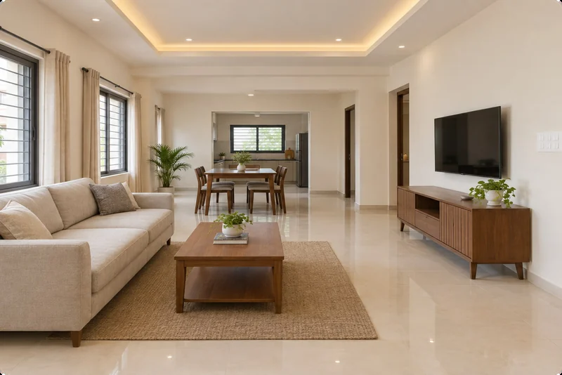 Living and dining room looking towards the kitchen — artist's impression, furniture not included