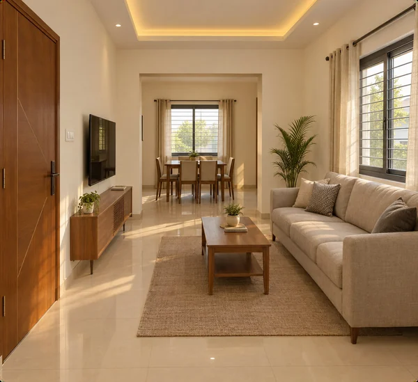 Hall with the main door and the dining area beyond — artist's impression, furniture not included