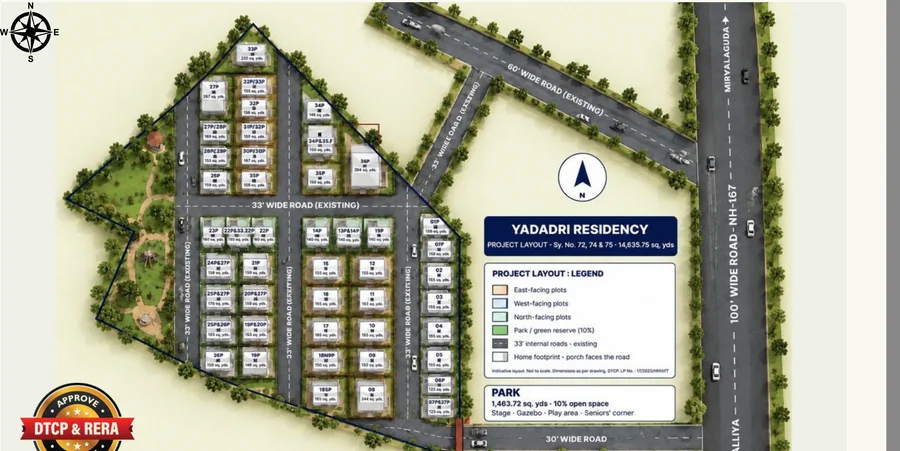 Yadadri Residency DTCP approved layout plan with 33-ft roads and central park