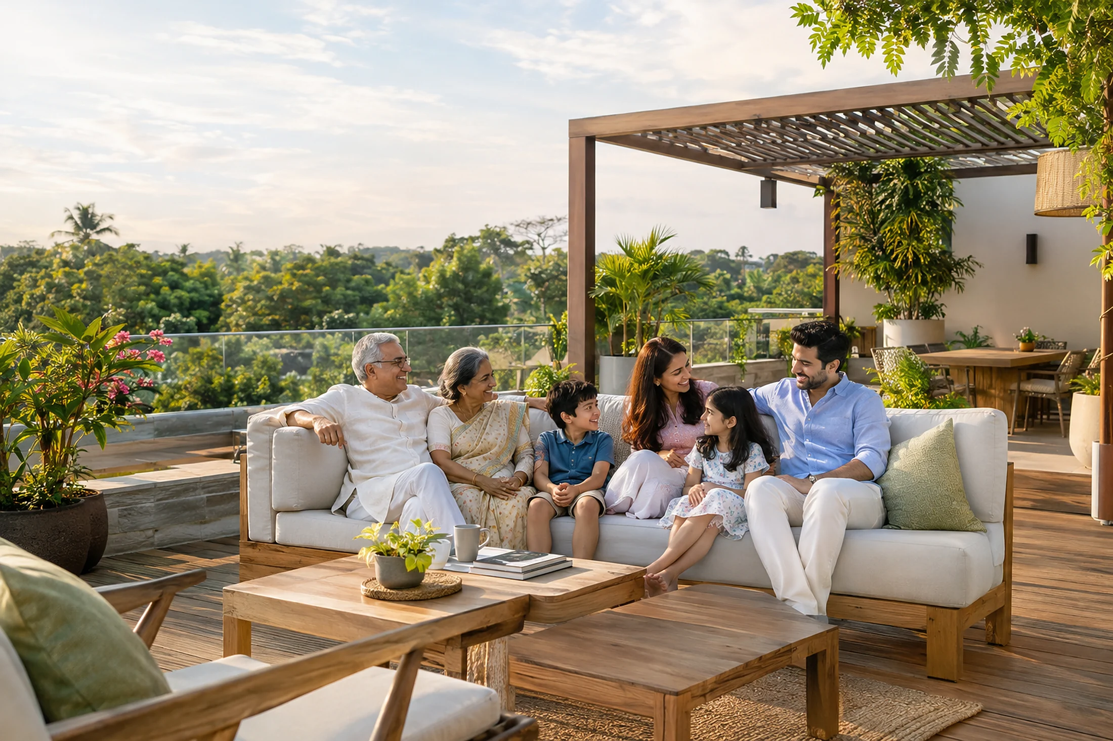 Multi-generational Indian family relaxing on a spacious green villa terrace