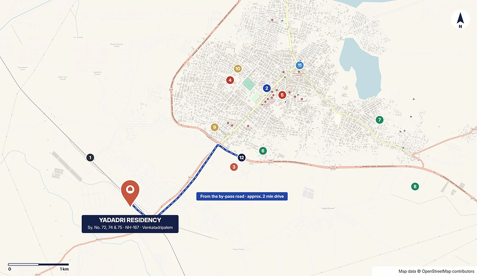Map of Yadadri Residency near the Miryalaguda by-pass road on NH-167