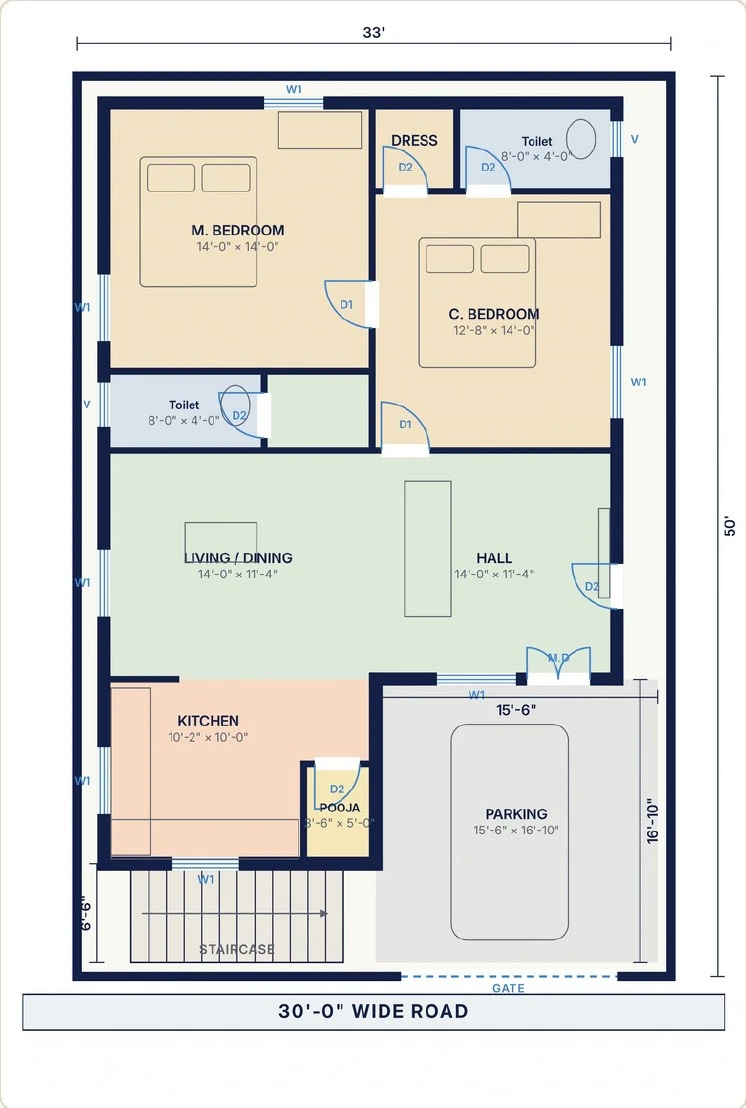 East Face Model 2D ground floor plan, Plots 9, 10 & 11 · 33' × 50' (≈183 sq. yds)