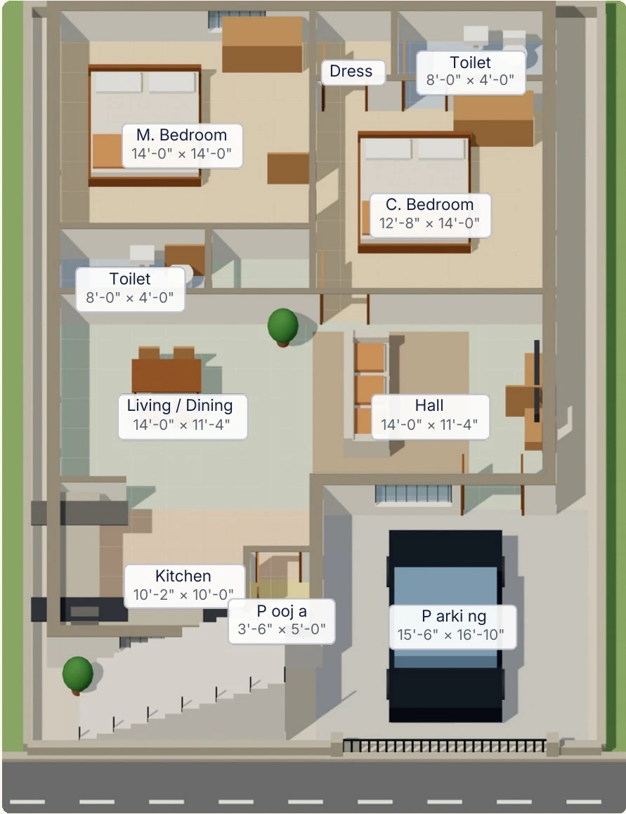 East Face Model 3D furnished floor plan