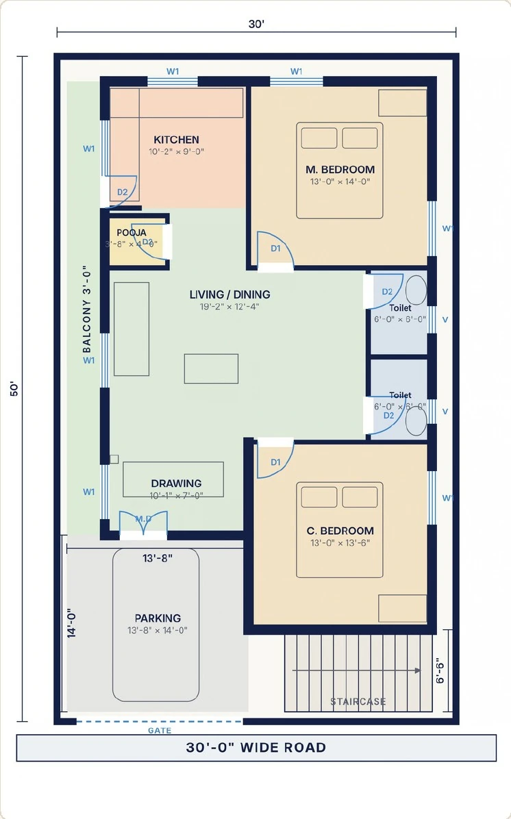 North Face Model 2D ground floor plan, Plots 13 & 14 · 30' × 50' (≈167 sq. yds)