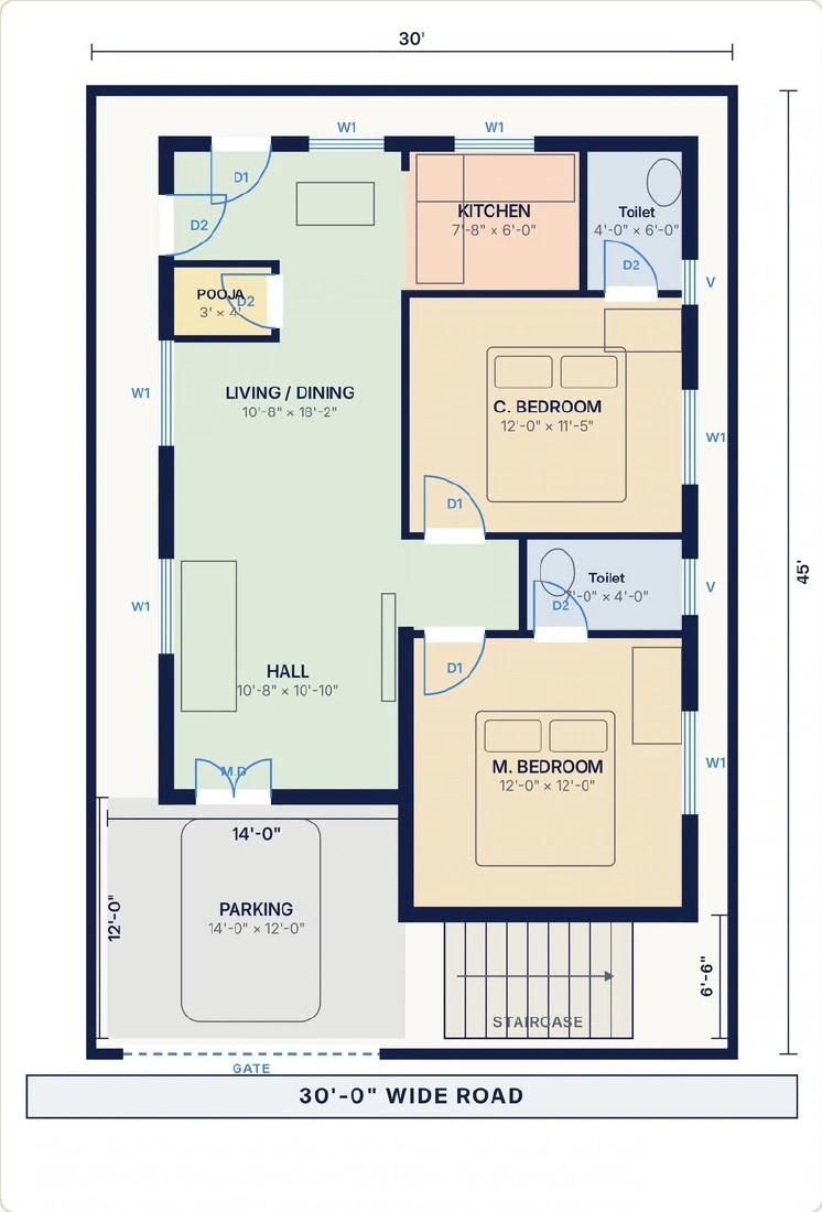 West Face Model 2D ground floor plan, Plot 18 NP · 30' × 45' (150 sq. yds)
