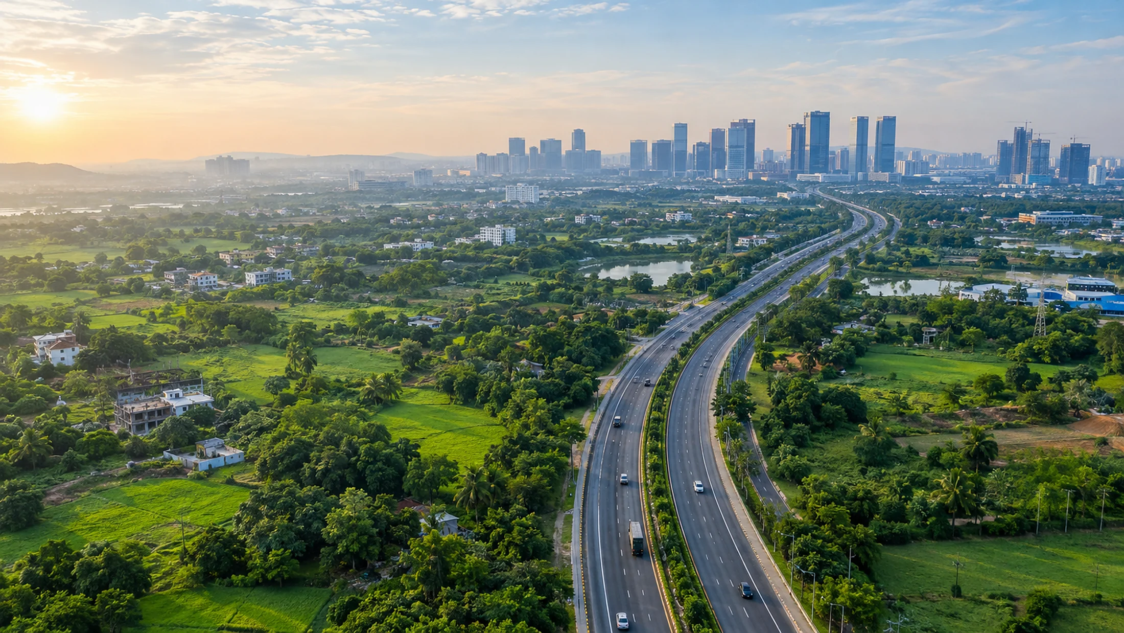 Shankarpally aerial view with highway leading to the Financial District skyline