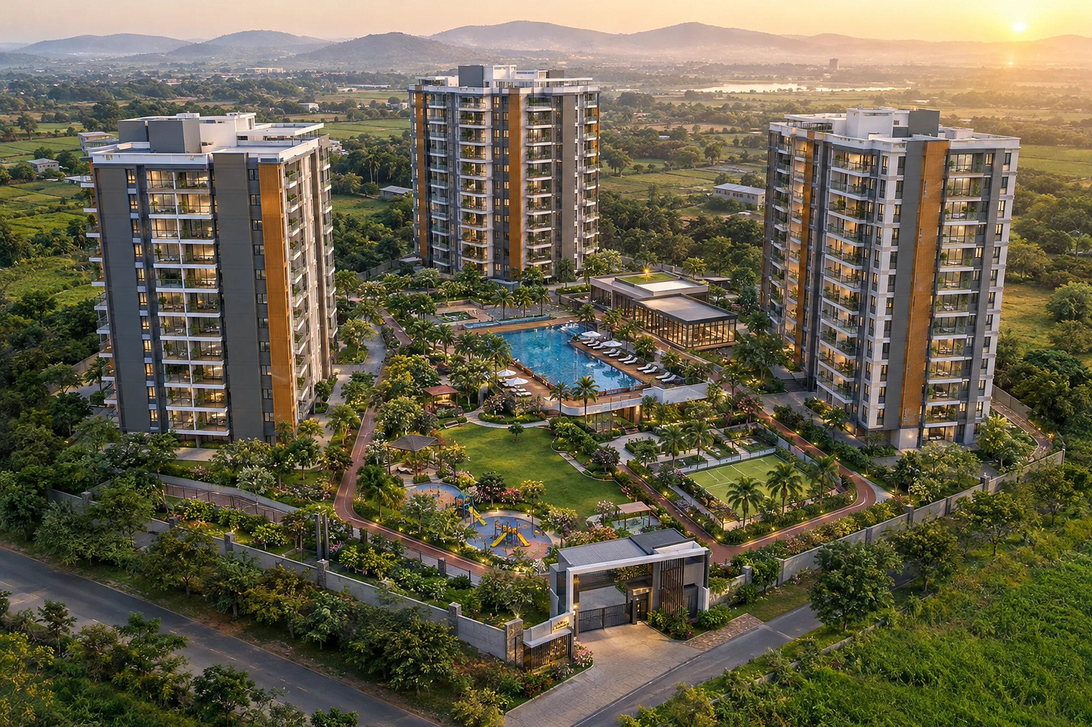 Drone aerial view of the upcoming Sky Residences apartment community at Shankarpally — 3D render