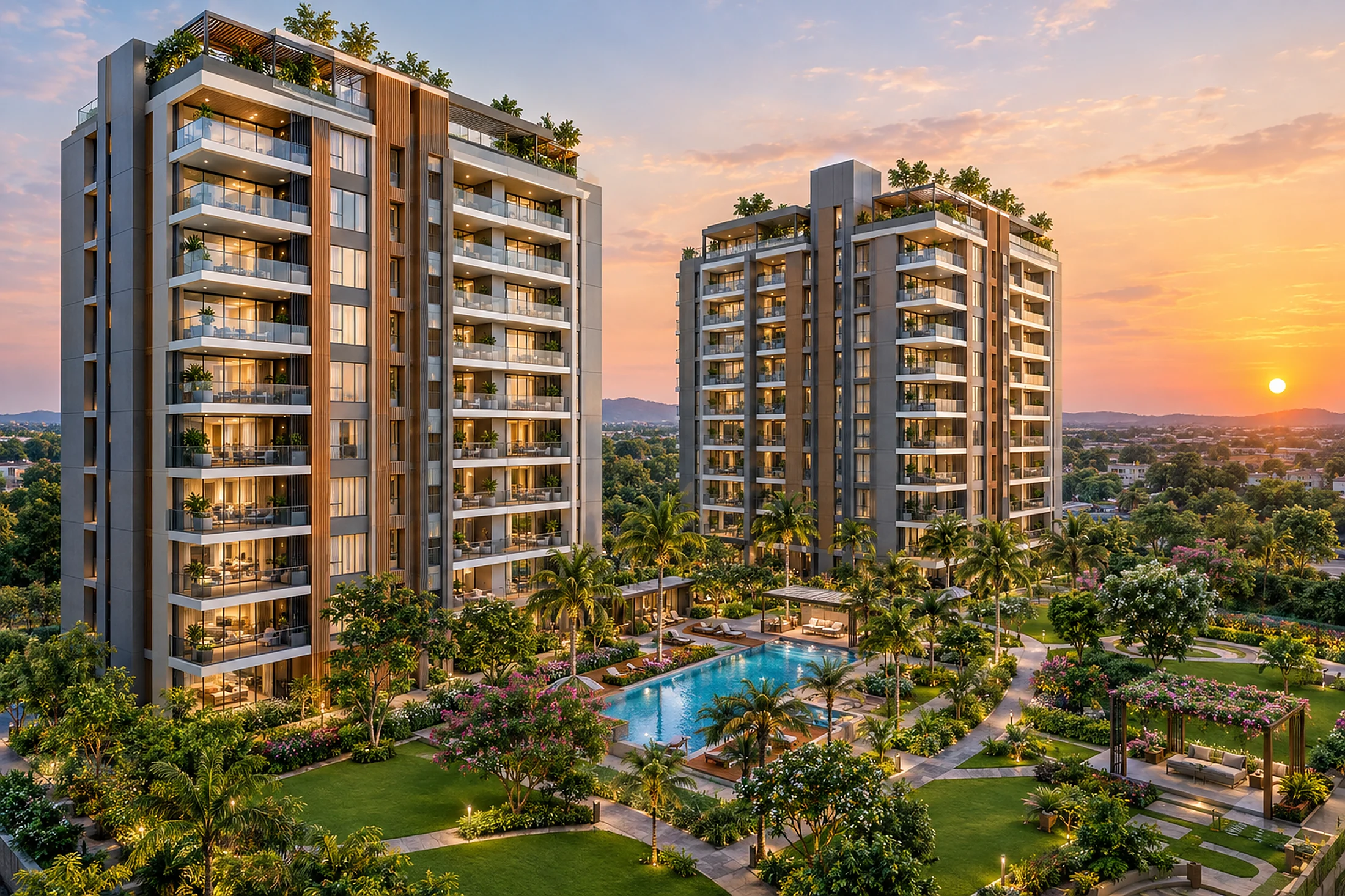 The Sky Residences G+10 luxury apartment towers with landscaped gardens at sunset — 3D render