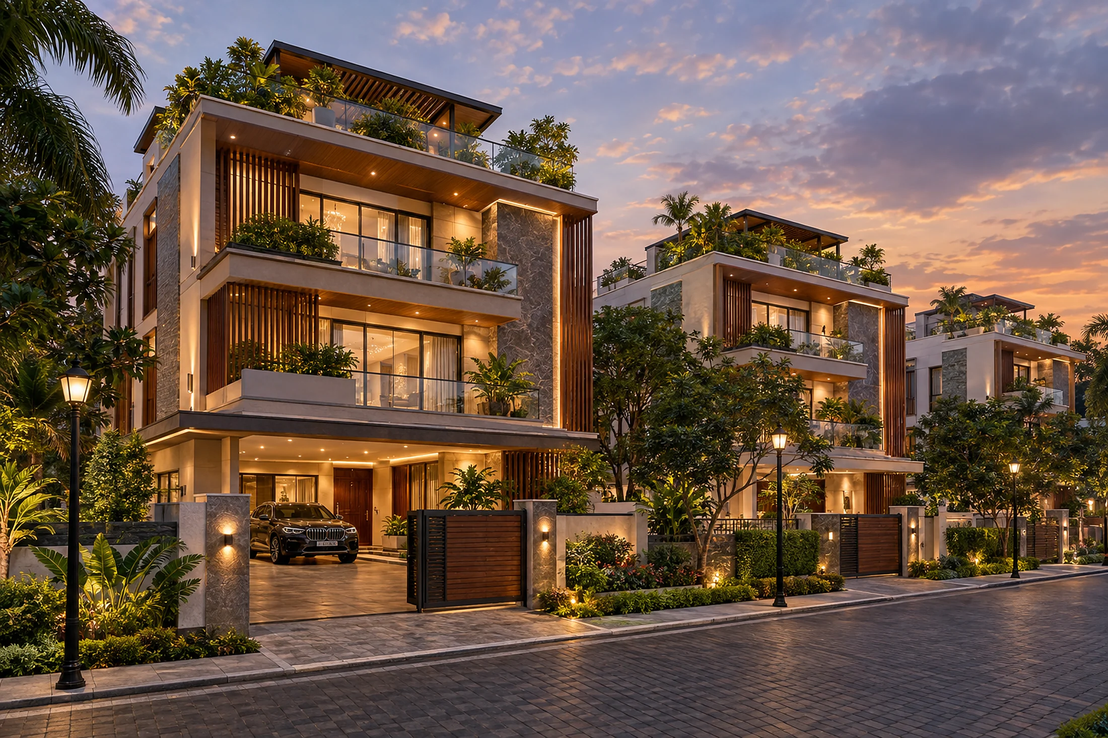 Independent G+2 Signature Triplex Villas, each on its own plot, gated street at dusk — 3D render